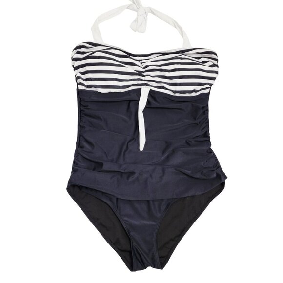 Black & White Womens Striped Halter Neck One-Piece Swimsuit Size XL - Picture 1 of 5